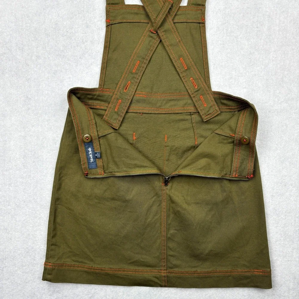 ModCloth Overall Jumper Mini Dress Olive Green Orange Stitch Pinafore Womens 4